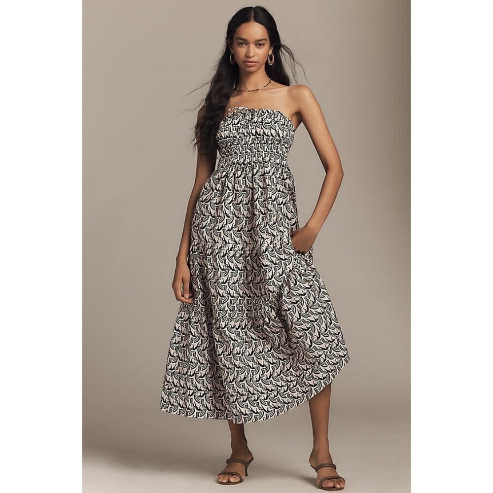 The Somerset Strapless Maxi Dress Black White Geometric Print L
